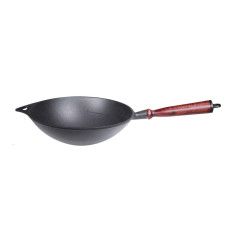 Pentola Wok in ghisa smaltata con manico in legno. Wok29